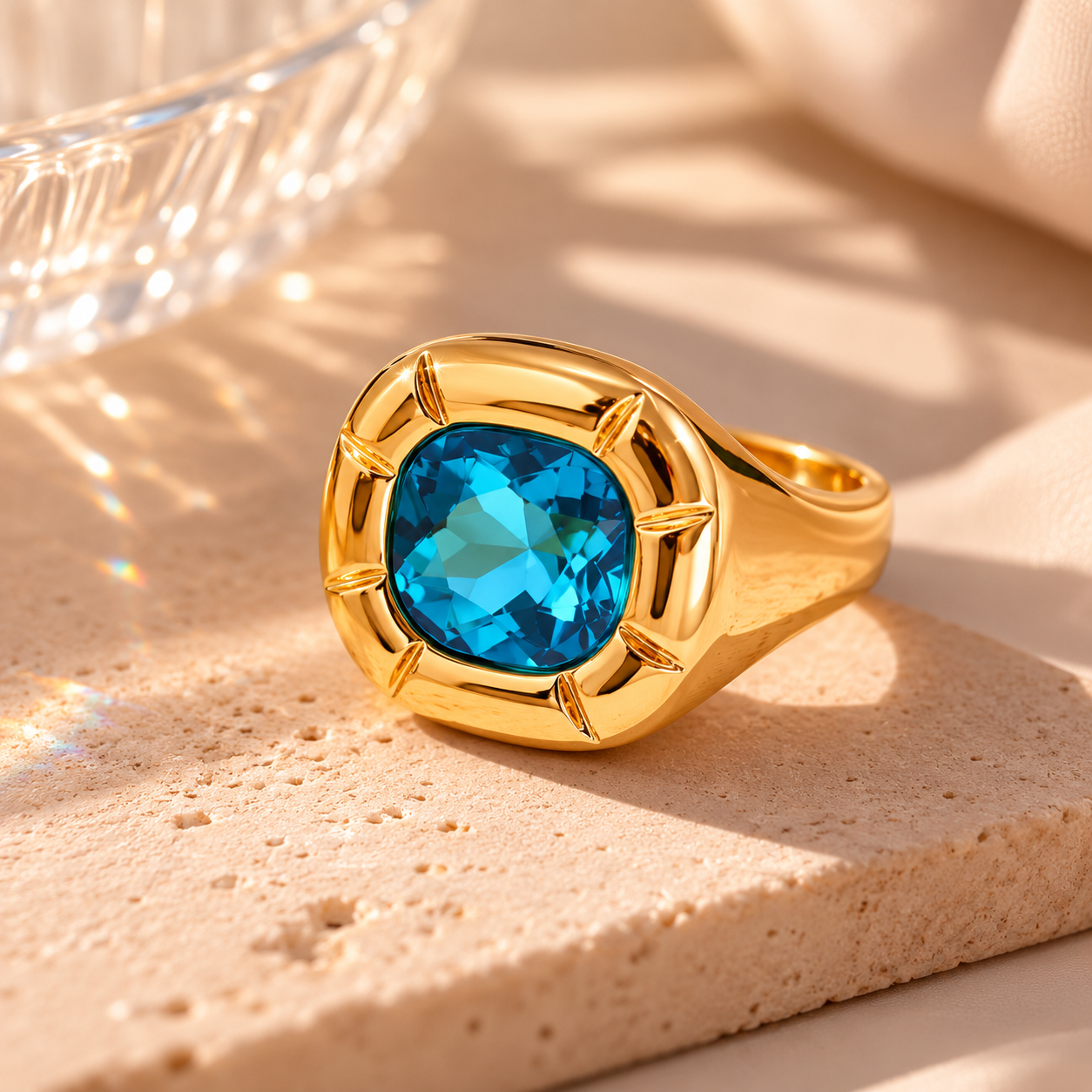Blue Stainless Steel Zirconia 18k Gold Plated Ring