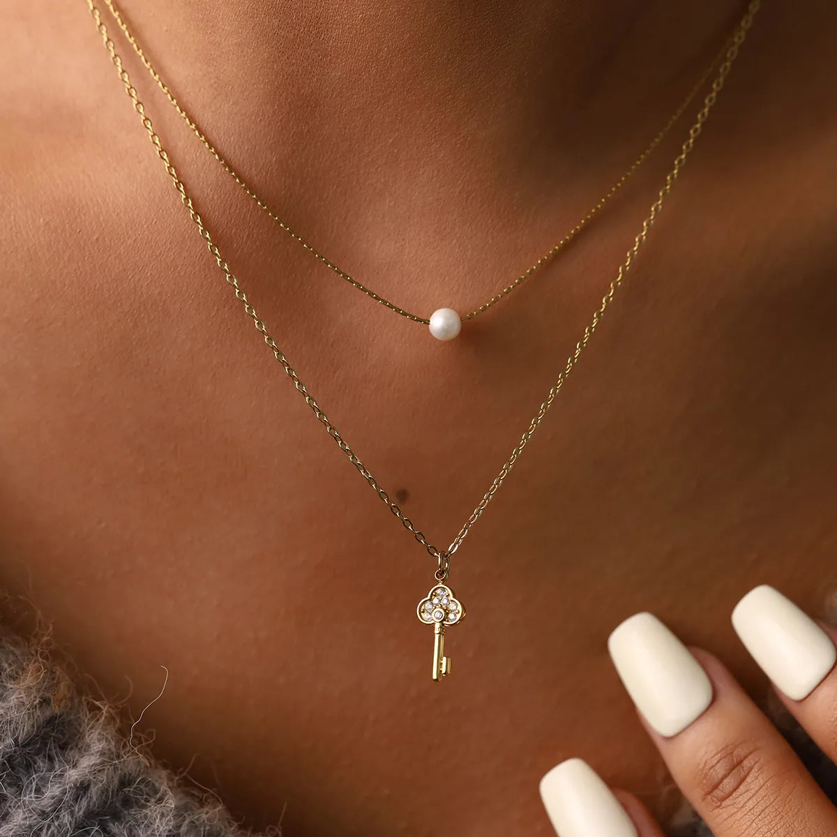 Winter Pearl 18K Gold Plated 304 Stainless Steel  Double Layer Necklace