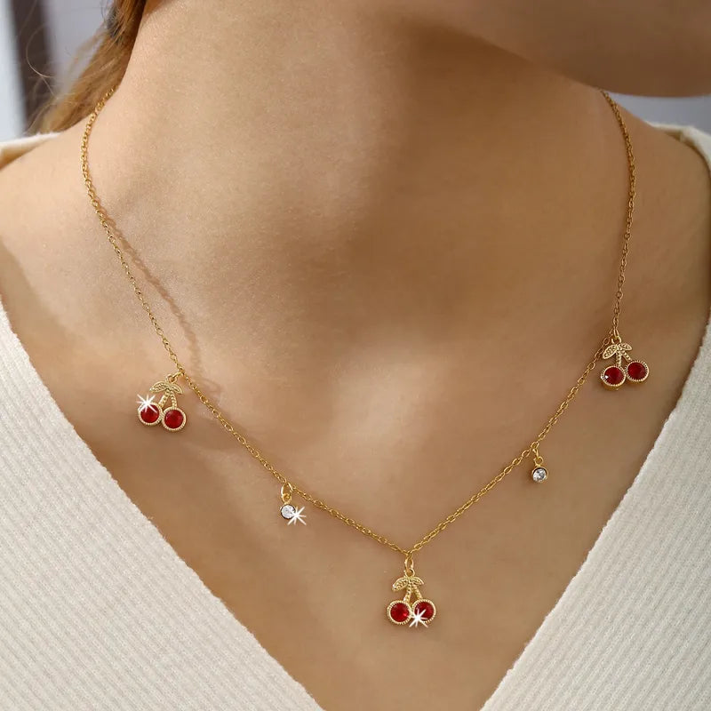Cherry 304 Stainless Steel 18k Gold Plated Necklace Earrings Jewelry Set