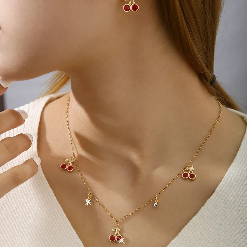 Cherry 304 Stainless Steel 18k Gold Plated Necklace Earrings Jewelry Set
