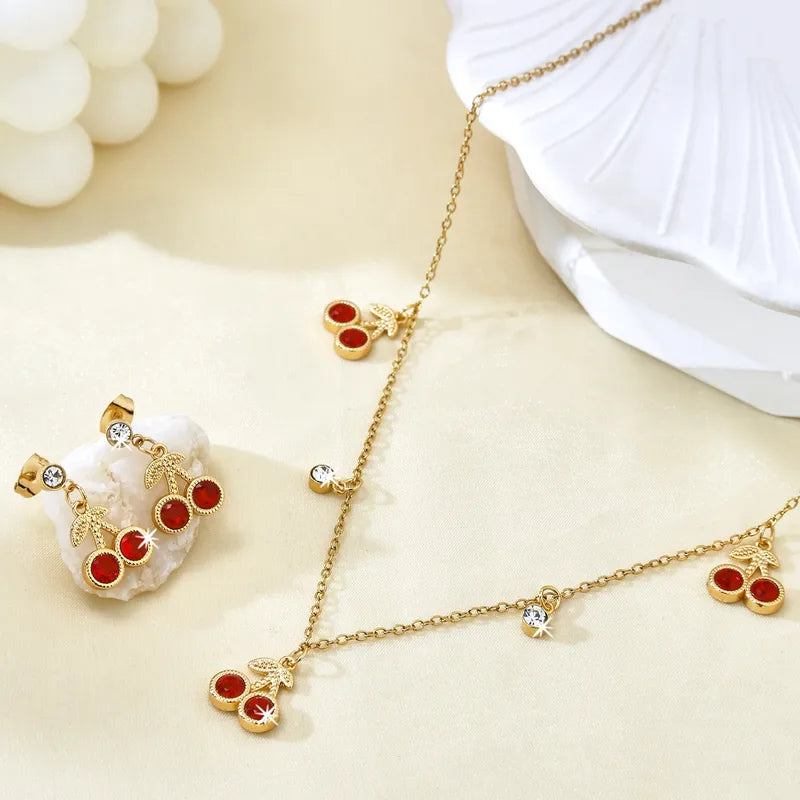 Cherry 304 Stainless Steel 18k Gold Plated Necklace Earrings Jewelry Set