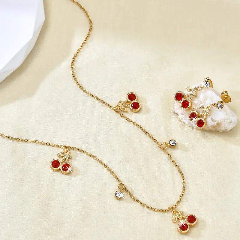 Cherry 304 Stainless Steel 18k Gold Plated Necklace Earrings Jewelry Set