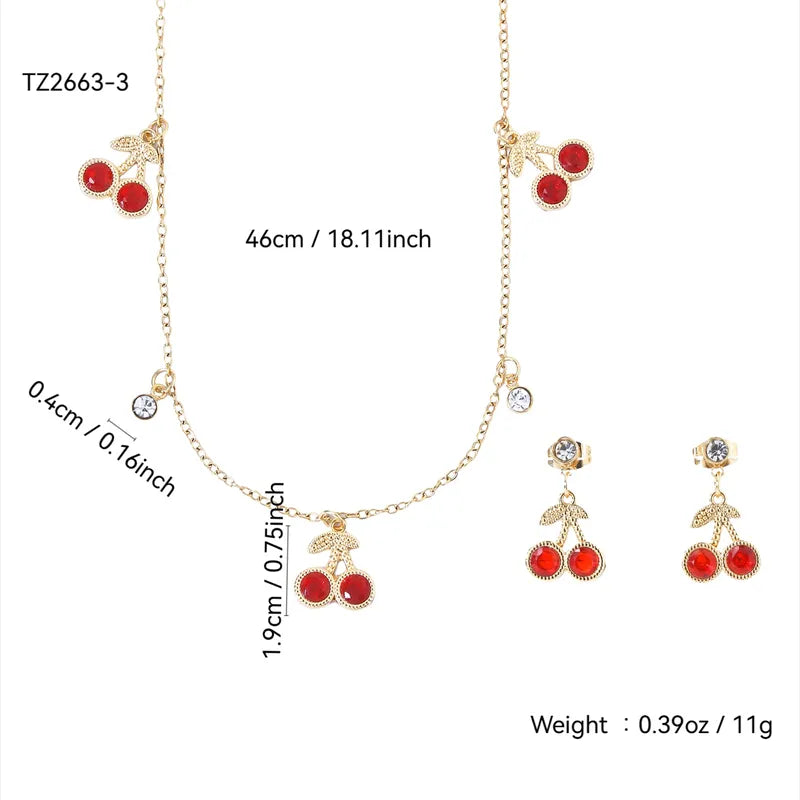 Cherry 304 Stainless Steel 18k Gold Plated Necklace Earrings Jewelry Set