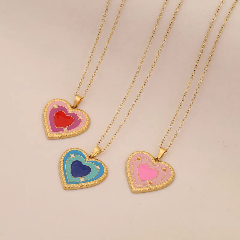 Romantic Heart Shape 304 Stainless Steel 18K Gold Plated Cable Chain Pendant Necklace