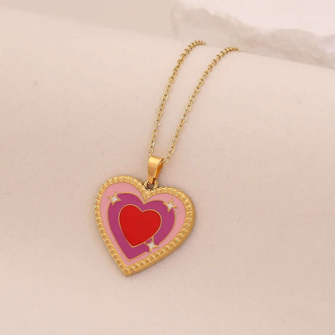 Romantic Heart Shape 304 Stainless Steel 18K Gold Plated Cable Chain Pendant Necklace