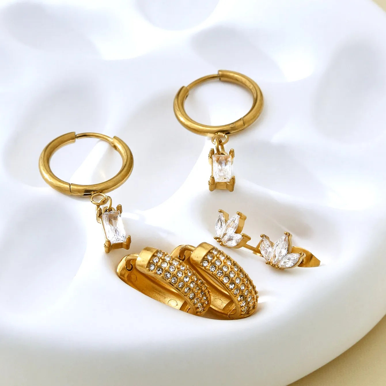 Embedded Zirconium Stones Stainless Steel 18K Gold Plated Earring