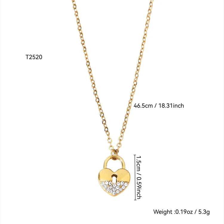Romantic Heart Lock Zircon Stainless Steel 18k Gold Plated Necklace