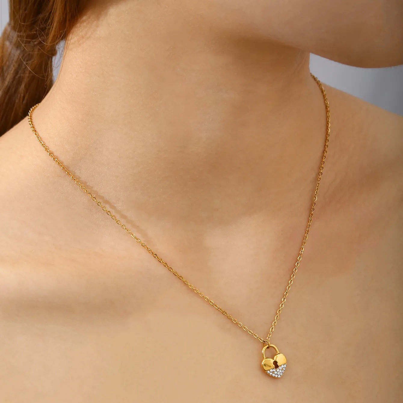 Romantic Heart Lock Zircon Stainless Steel 18k Gold Plated Necklace