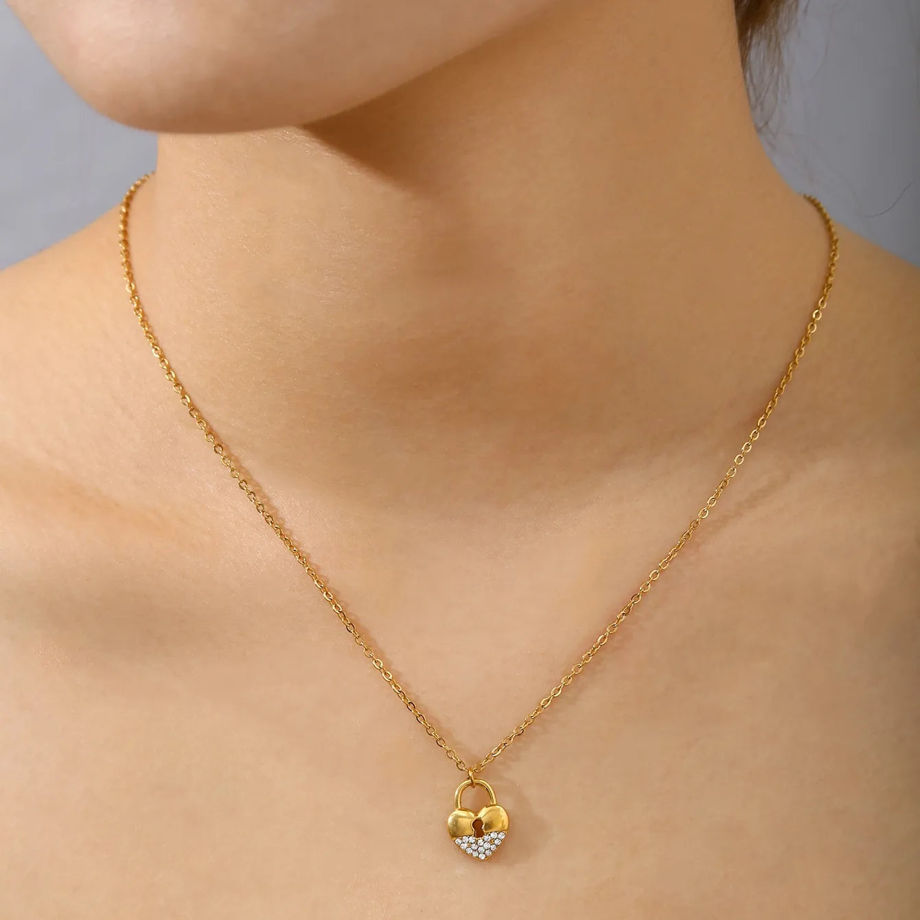 Romantic Heart Lock Zircon Stainless Steel 18k Gold Plated Necklace