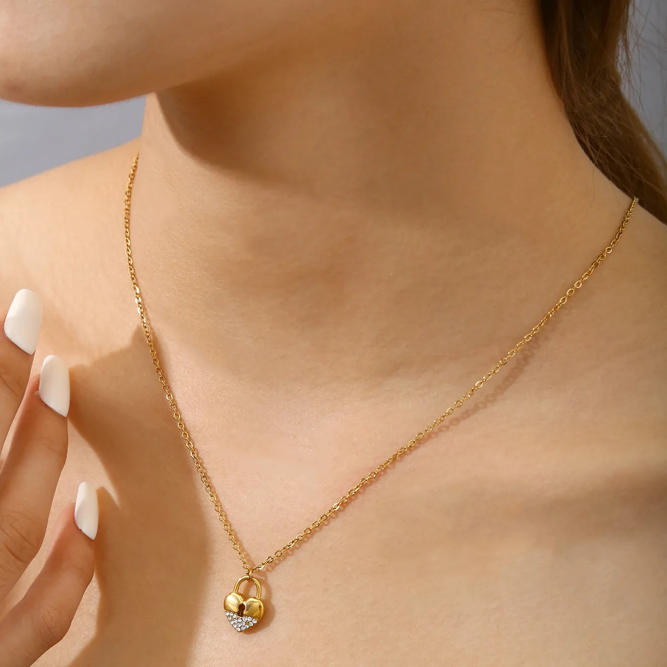 Romantic Heart Lock Zircon Stainless Steel 18k Gold Plated Necklace