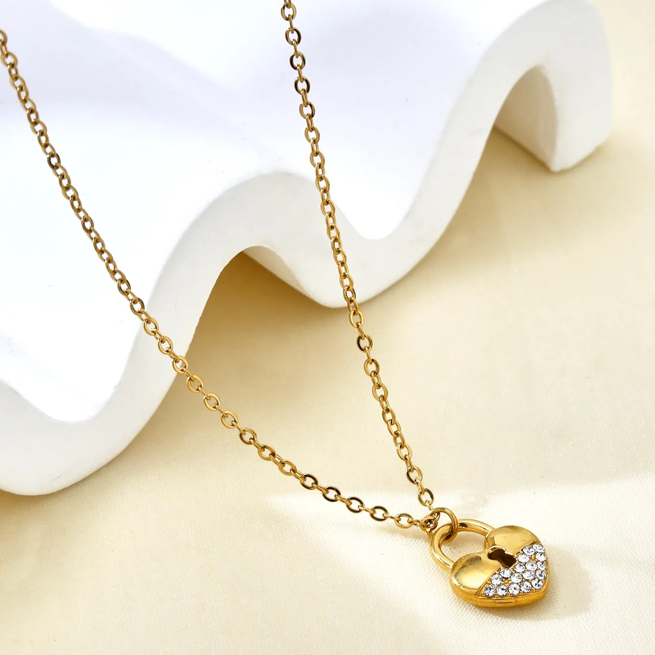 Romantic Heart Lock Zircon Stainless Steel 18k Gold Plated Necklace