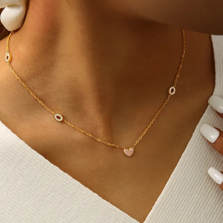 Heart Gemmed Zircon Stainless Steel 18K Gold Plated Necklace