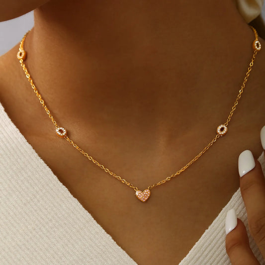 Heart Gemmed Zircon Stainless Steel 18K Gold Plated Necklace