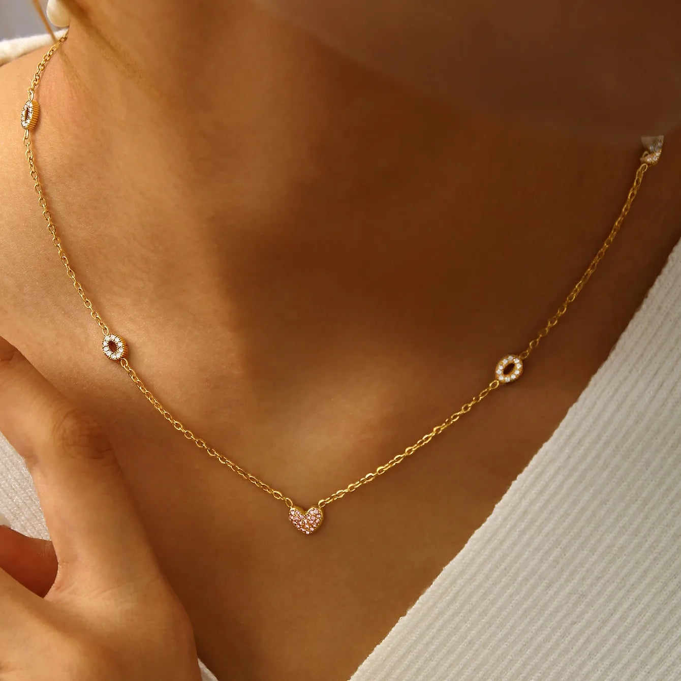 Heart Gemmed Zircon Stainless Steel 18K Gold Plated Necklace