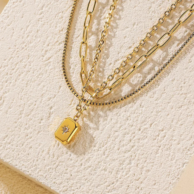 Three Layered Zirconia 18K Gold Plated 304 Stainless Steel Necklace