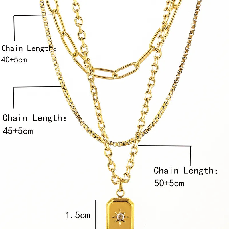 Three Layered Zirconia 18K Gold Plated 304 Stainless Steel Necklace