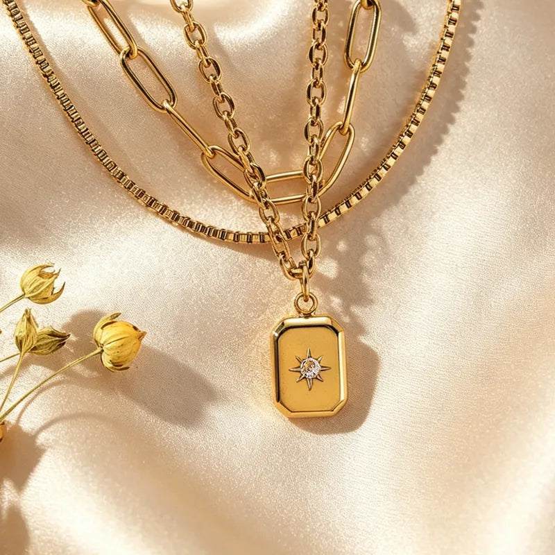Three Layered Zirconia 18K Gold Plated 304 Stainless Steel Necklace