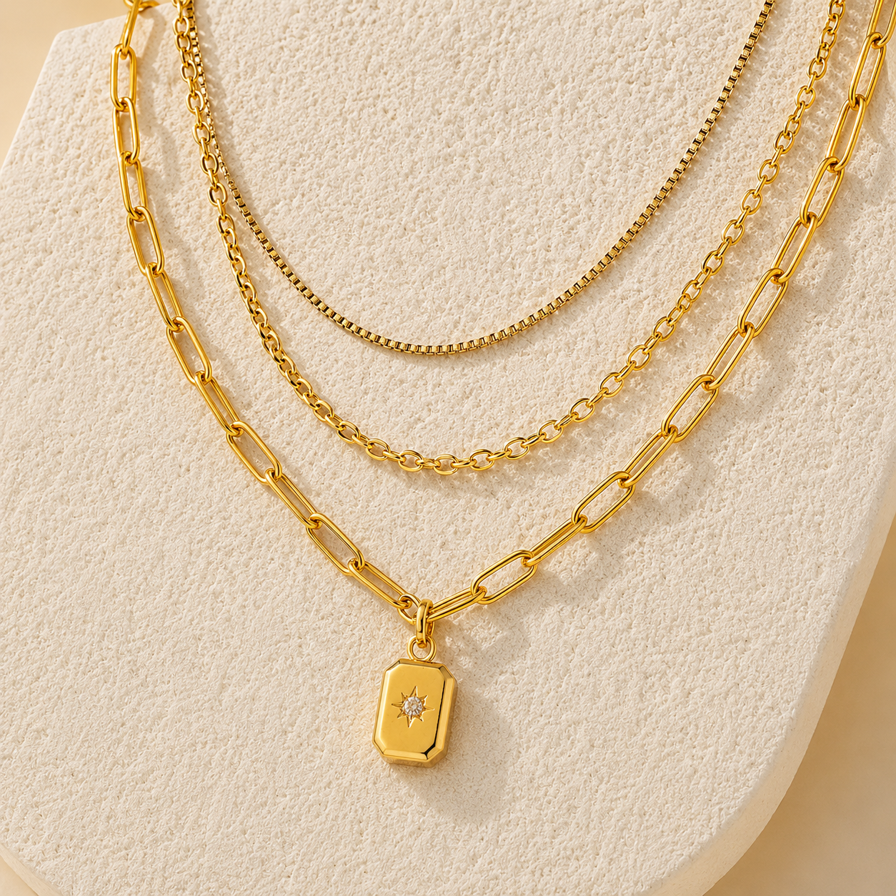 Three Layered Zirconia 18K Gold Plated 304 Stainless Steel Necklace