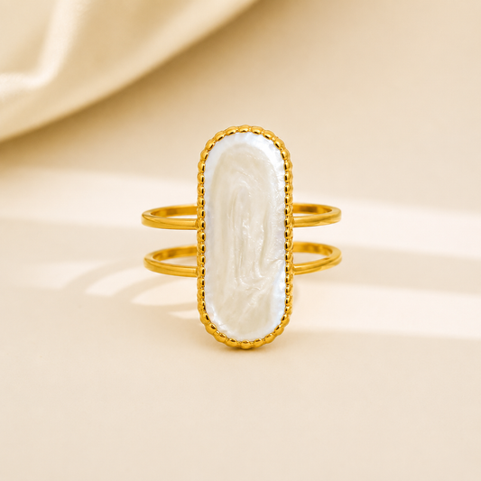 White Stoned 18K Gold Plated 304 Stainless Steel Adjustable Ring