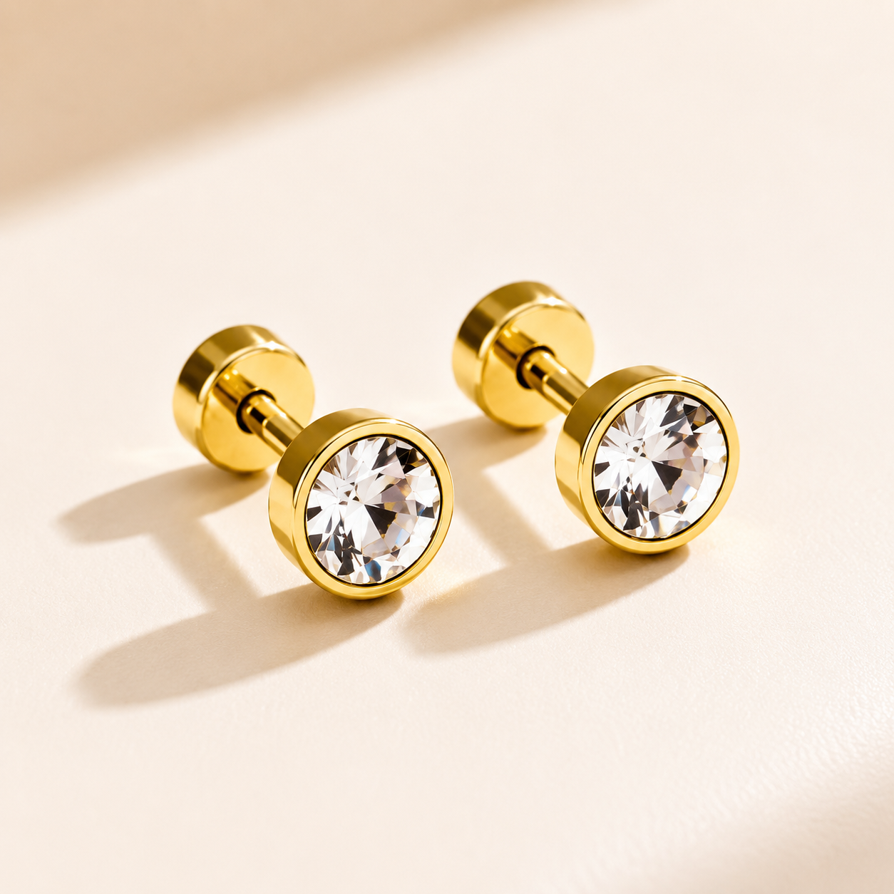 White Zirconia 18K Gold Plated 304 Stainless Steel Screw Back Stud