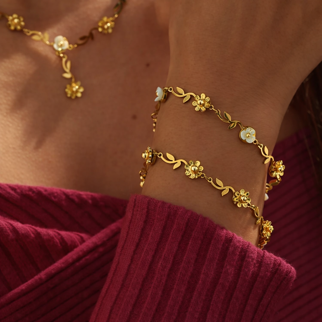 Floral Design 18K Gold Plated and 304 Stainless Steel Necklace/Bracelet