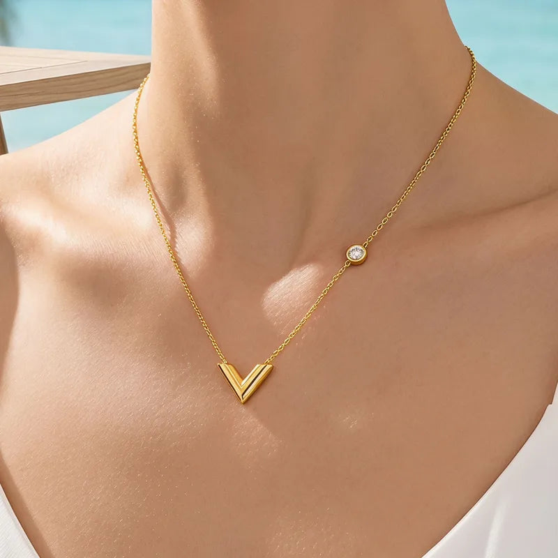 V Zirconia 18K Gold Plated 304 Stainless Steel Necklace
