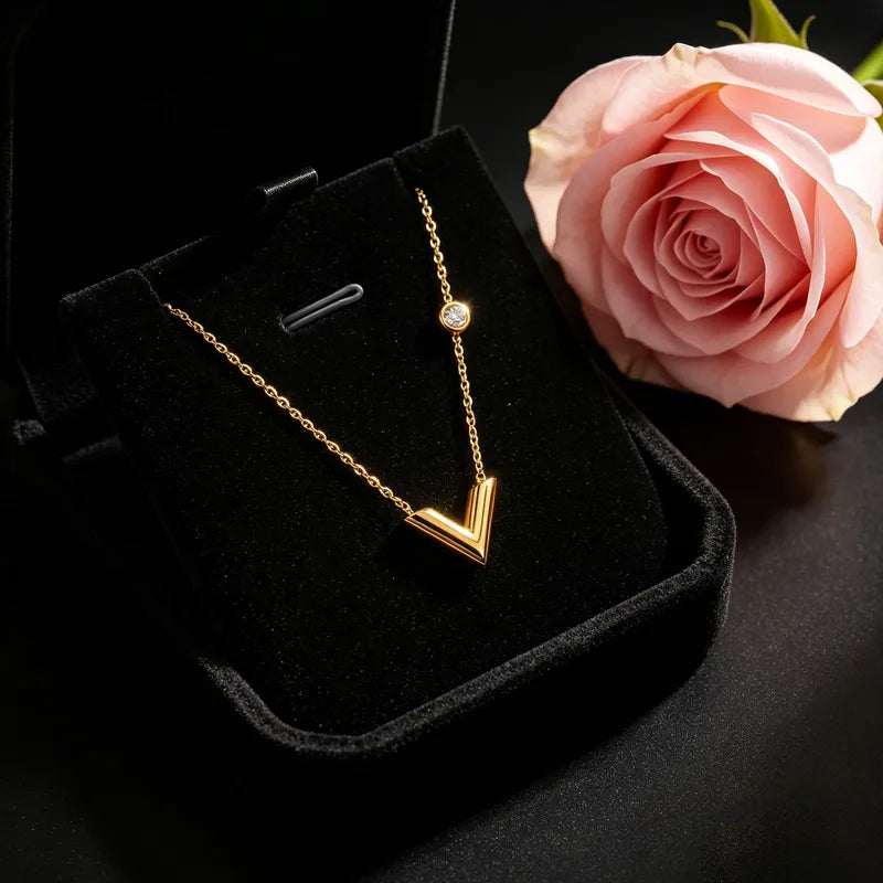 V Zirconia 18K Gold Plated 304 Stainless Steel Necklace