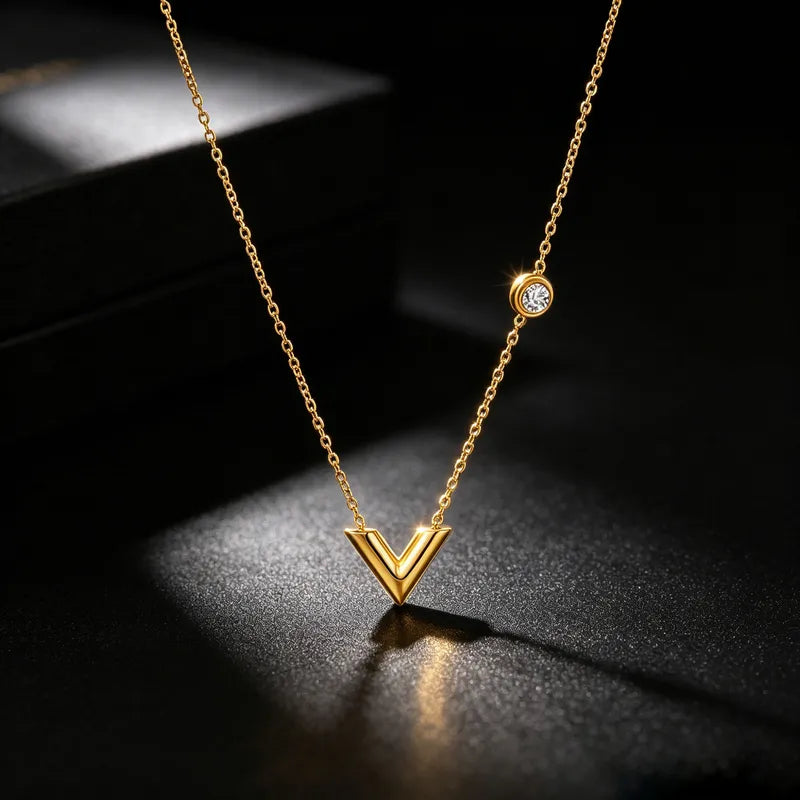 V Zirconia 18K Gold Plated 304 Stainless Steel Necklace