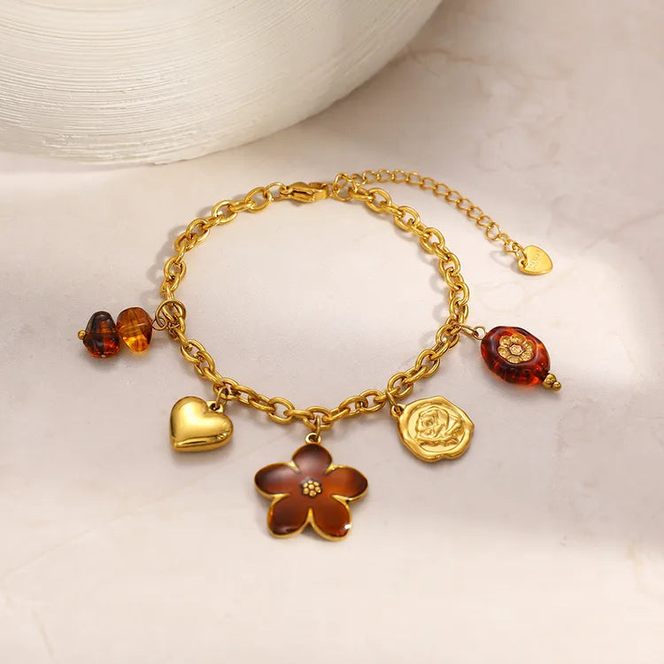 Floral Heart 18K Gold Plated 304 Stainless Steel Charm Bracelet