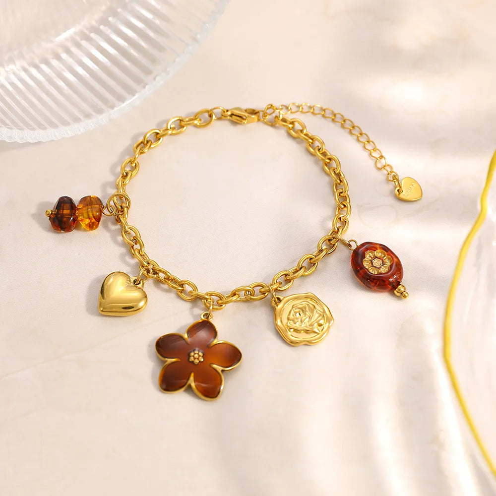Floral Heart 18K Gold Plated 304 Stainless Steel Charm Bracelet