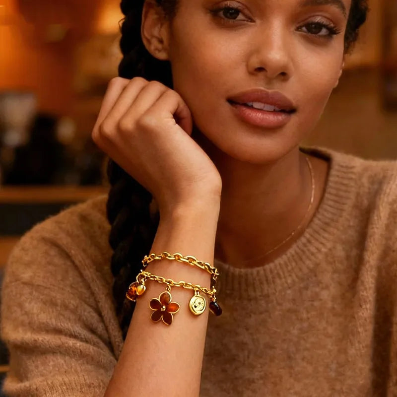 Floral Heart 18K Gold Plated 304 Stainless Steel Charm Bracelet