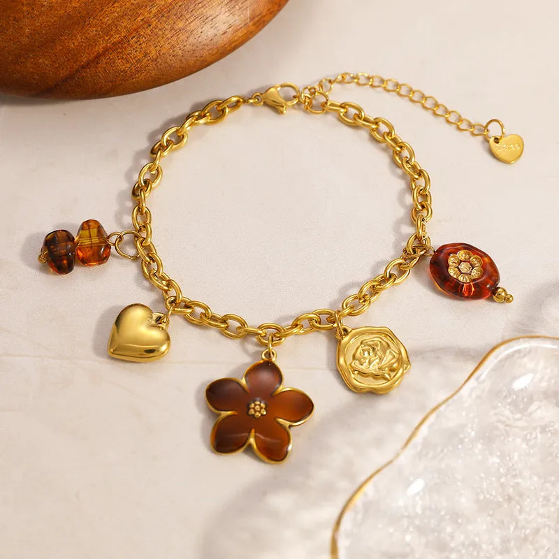 Floral Heart 18K Gold Plated 304 Stainless Steel Charm Bracelet