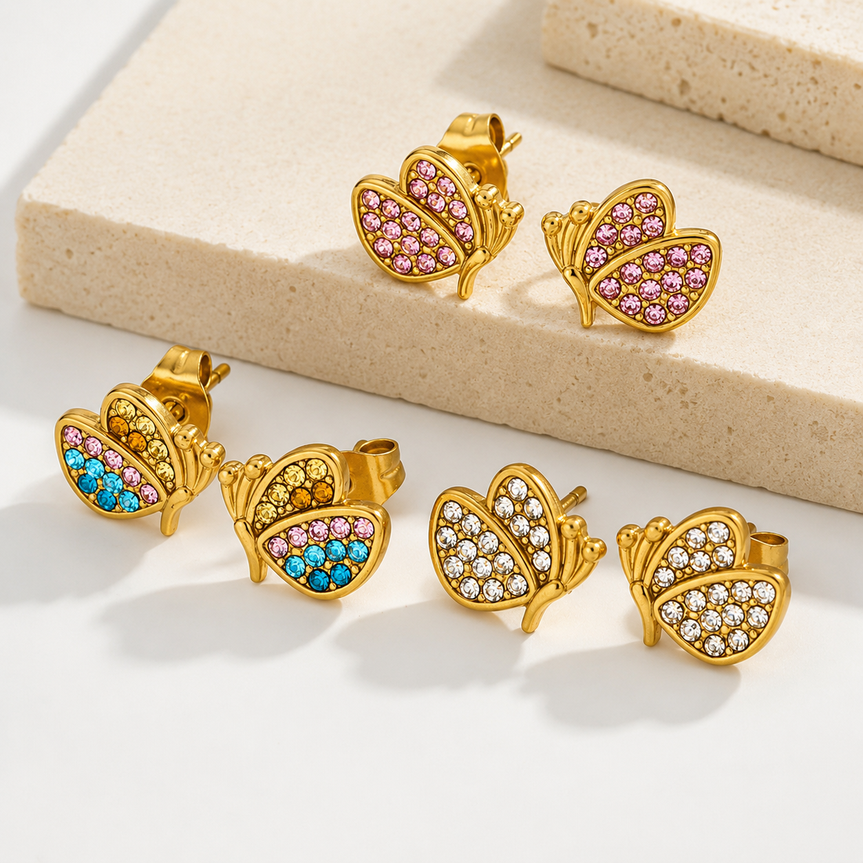 Pretty Butterfly Gem 18K Gold Plated 304 Stainless Steel Stud