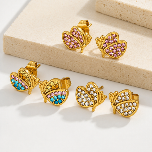 Pretty Butterfly Gem 18K Gold Plated 304 Stainless Steel Stud