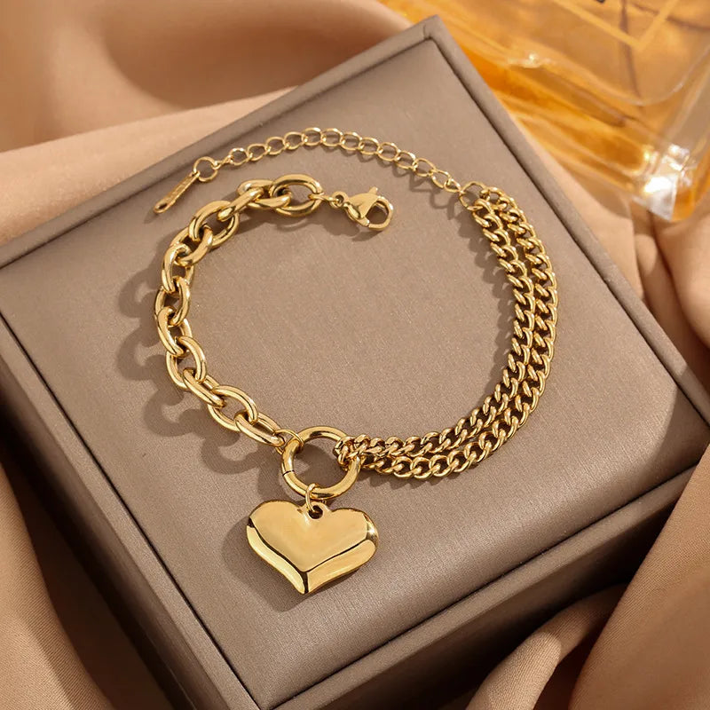 Heart Double Strand 18K Gold Plated 304 Stainless Steel Bracelet