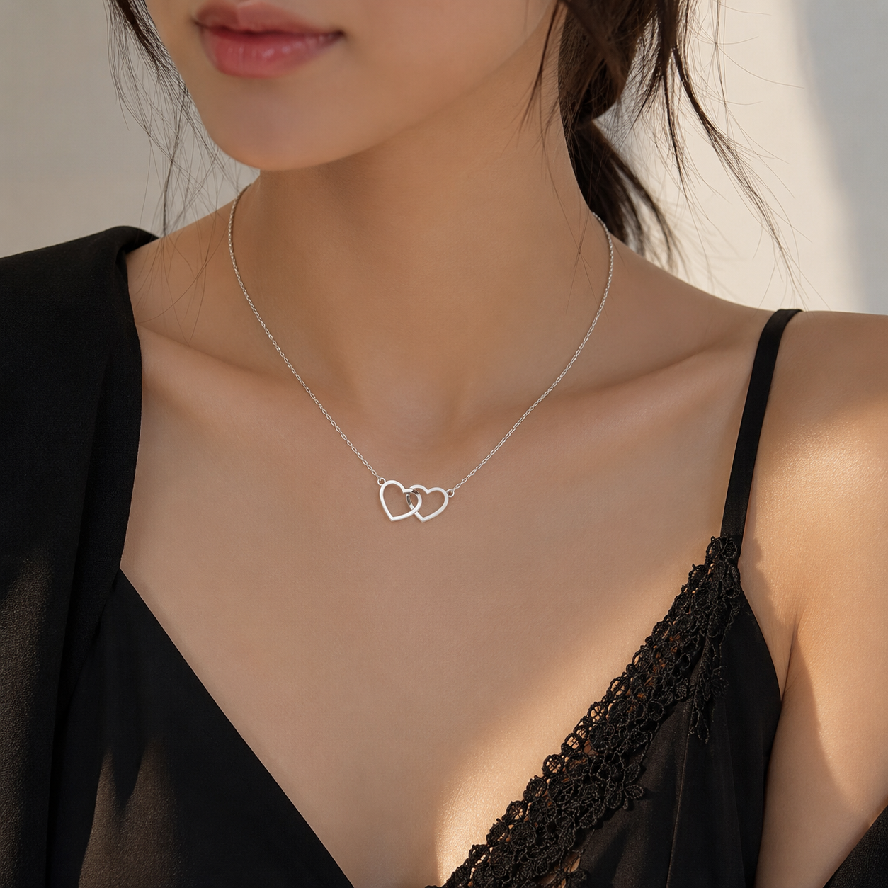 Silver Double Heart 304 Stainless Steel Silver Plated Necklace