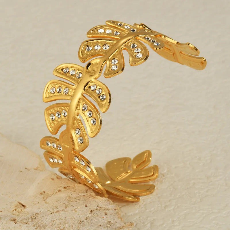 Zirconia Leaves 18K Gold Plated 304 Stainless Steel Bracelet