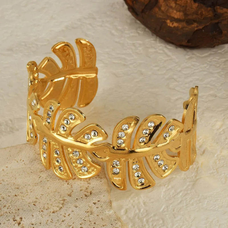 Zirconia Leaves 18K Gold Plated 304 Stainless Steel Bracelet