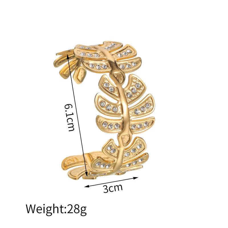 Zirconia Leaves 18K Gold Plated 304 Stainless Steel Bracelet