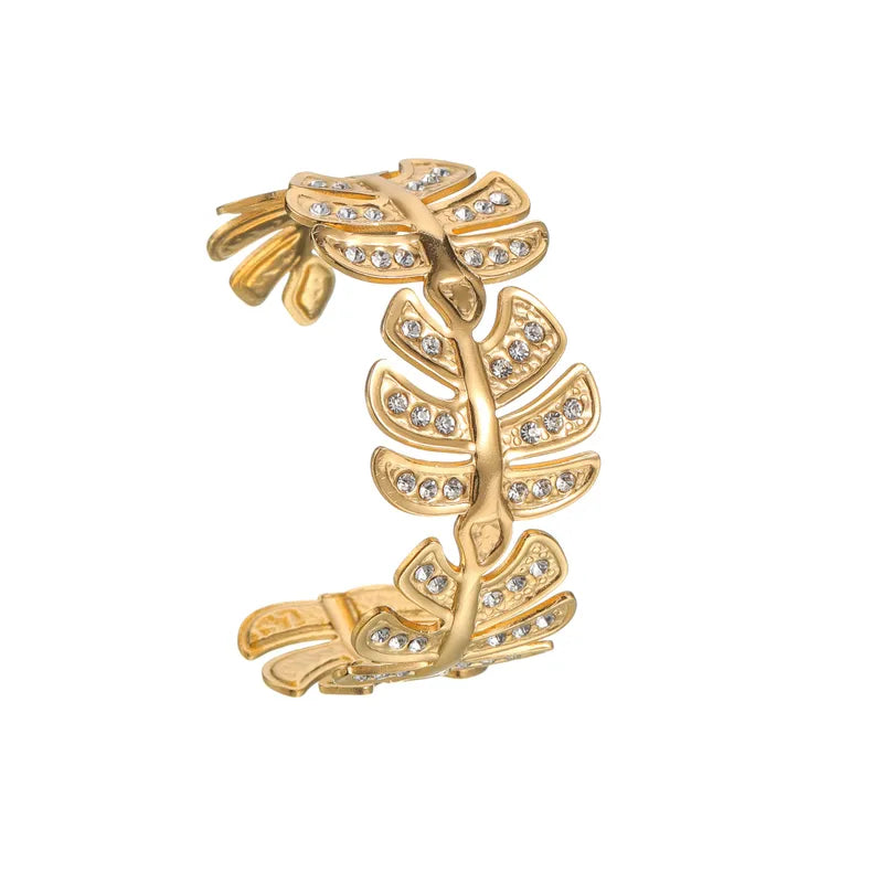 Zirconia Leaves 18K Gold Plated 304 Stainless Steel Bracelet