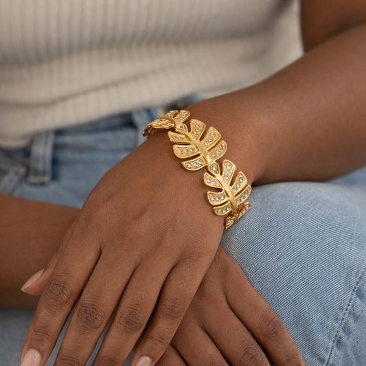 Zirconia Leaves 18K Gold Plated 304 Stainless Steel Bracelet