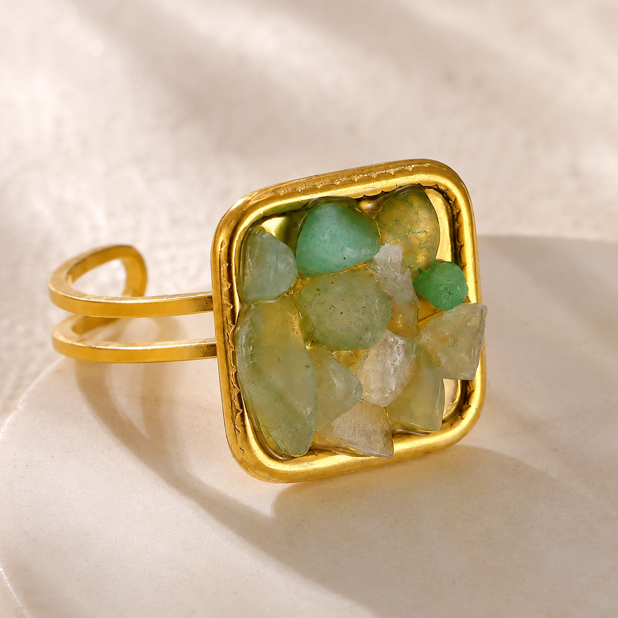 Green Gradient Beaded Stone 18K Gold Plated 304 Stainless Steel Ring