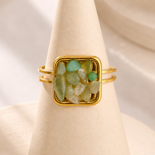 Green Gradient Beaded Stone 18K Gold Plated 304 Stainless Steel Ring