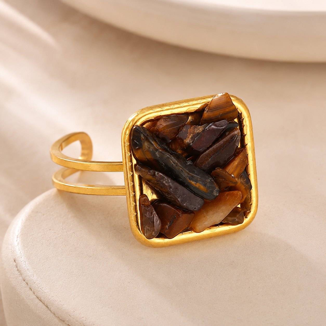 Brown Collar 18K Gold Plated 304 Stainless Steel Adjustable Ring