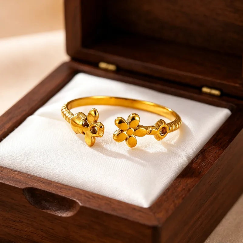 Non Tarnish Flower Ring 304 Stainless Steel With 18K Real Gold Plated PVD Coating