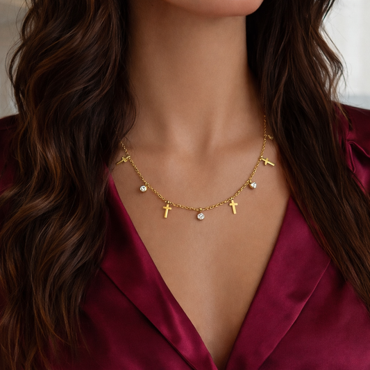 Cross Zircon 18K Gold Plated Charmed 304 Stainless Steel Necklace