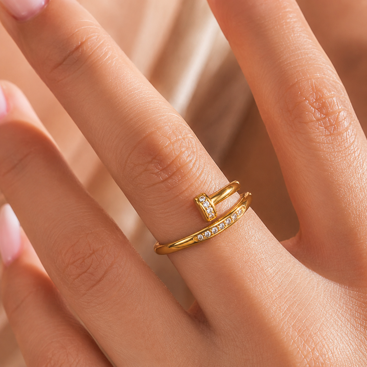 Nail Head Cubic Zirconia 18K Gold Plated 304 Stainless Steel Ring