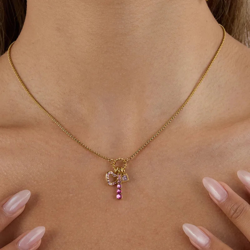 Pink Heart Diamond Charm 18K Gold Plated 304 Stainless Steel Necklace