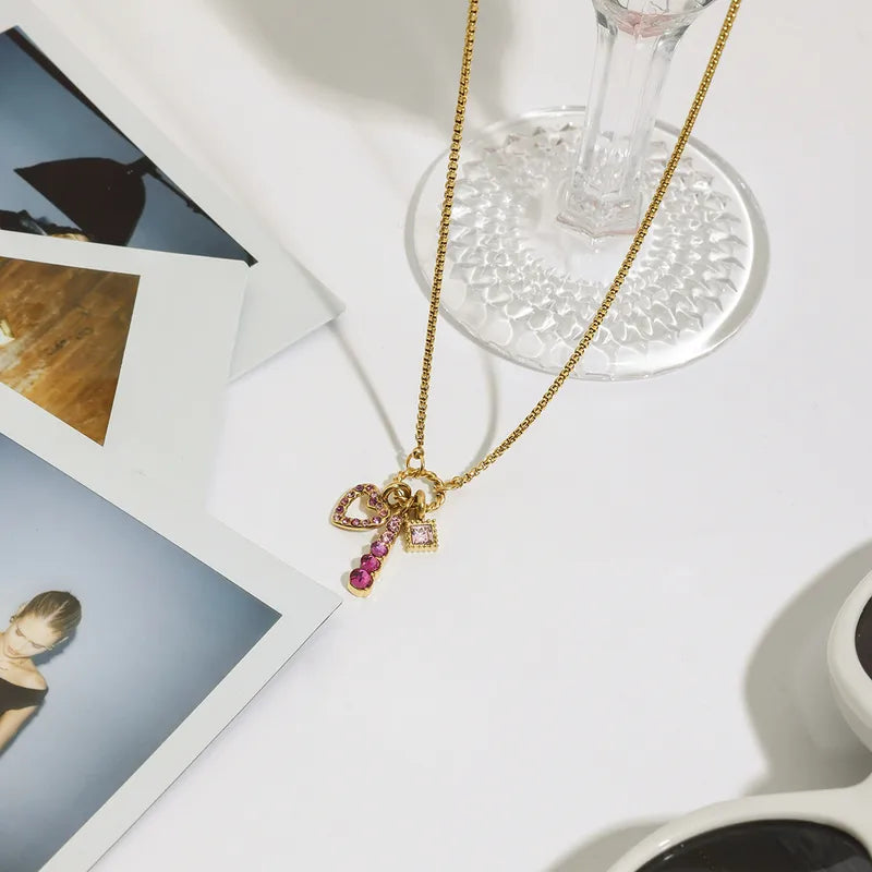 Pink Heart Diamond Charm 18K Gold Plated 304 Stainless Steel Necklace