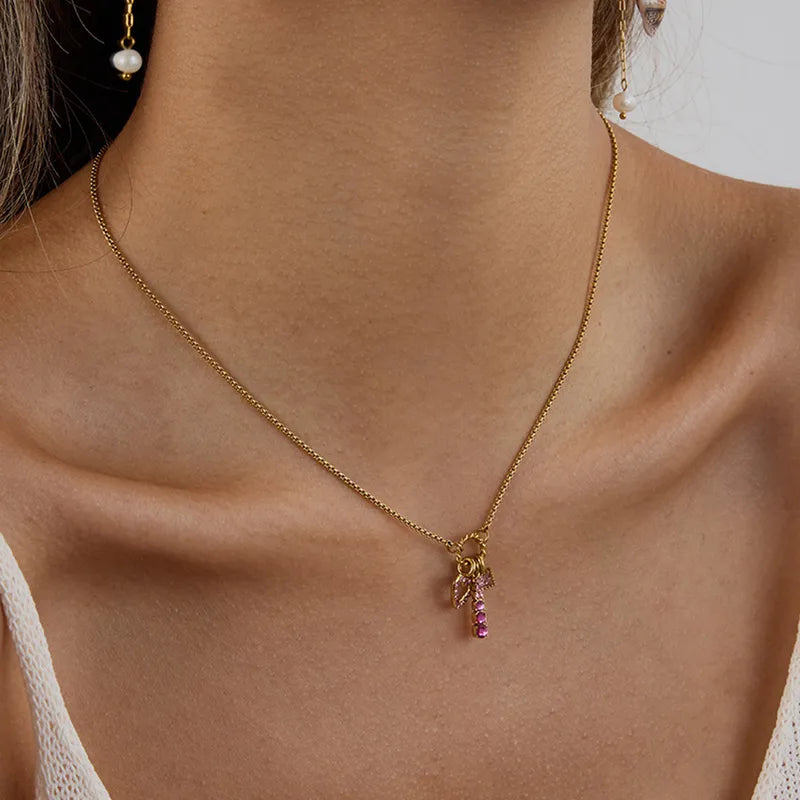 Pink Heart Diamond Charm 18K Gold Plated 304 Stainless Steel Necklace